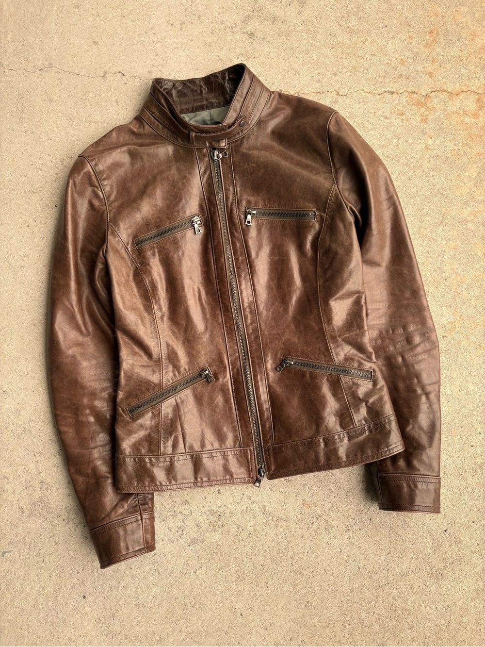 m0851 Womens Brown Genuine Leather Cafe Racer Motorcycle Jacket Size 2 Canada